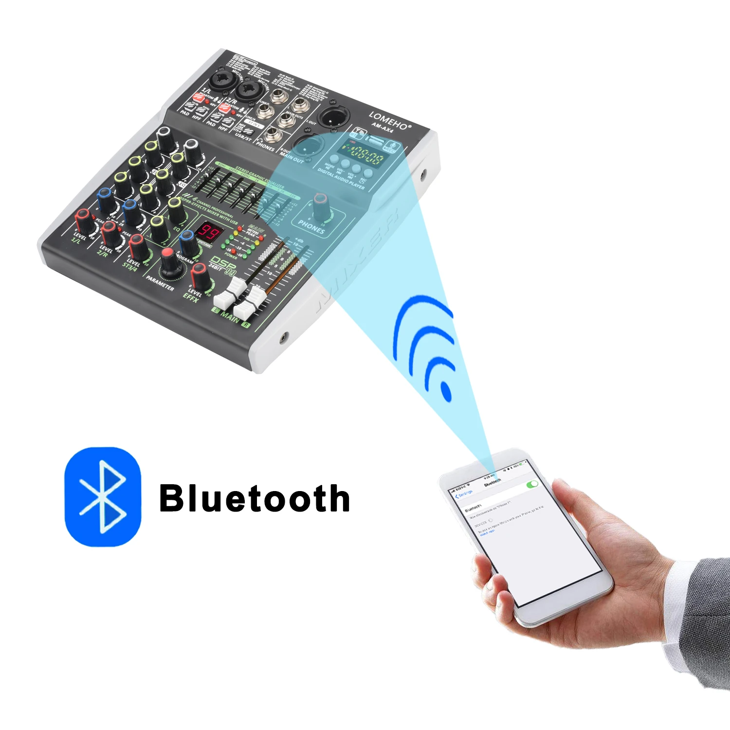 4/6 채널 믹싱 콘솔 48V 99 DSP 효과 Bluetooth Lomeho 오디오 DJ 믹서 USB PC 재생 레코드 팟캐스트 사운드 테이블 AM-AX4