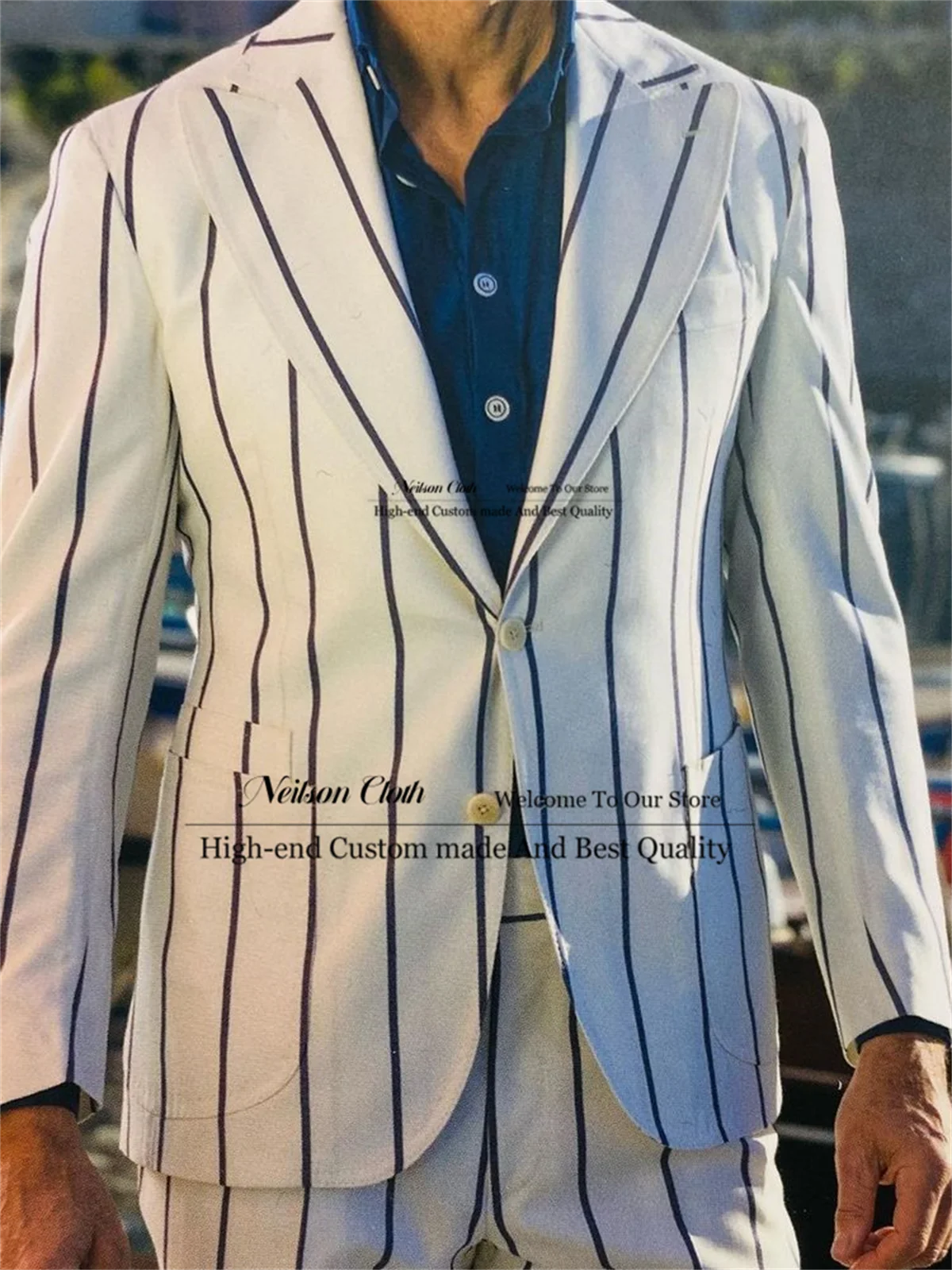 

Fashion White Stripe Men Suits Peaked Lapel Groom Wedding Tuxedos 2 Pieces Sets Male Prom Blazers Slim Fit Terno Masculino