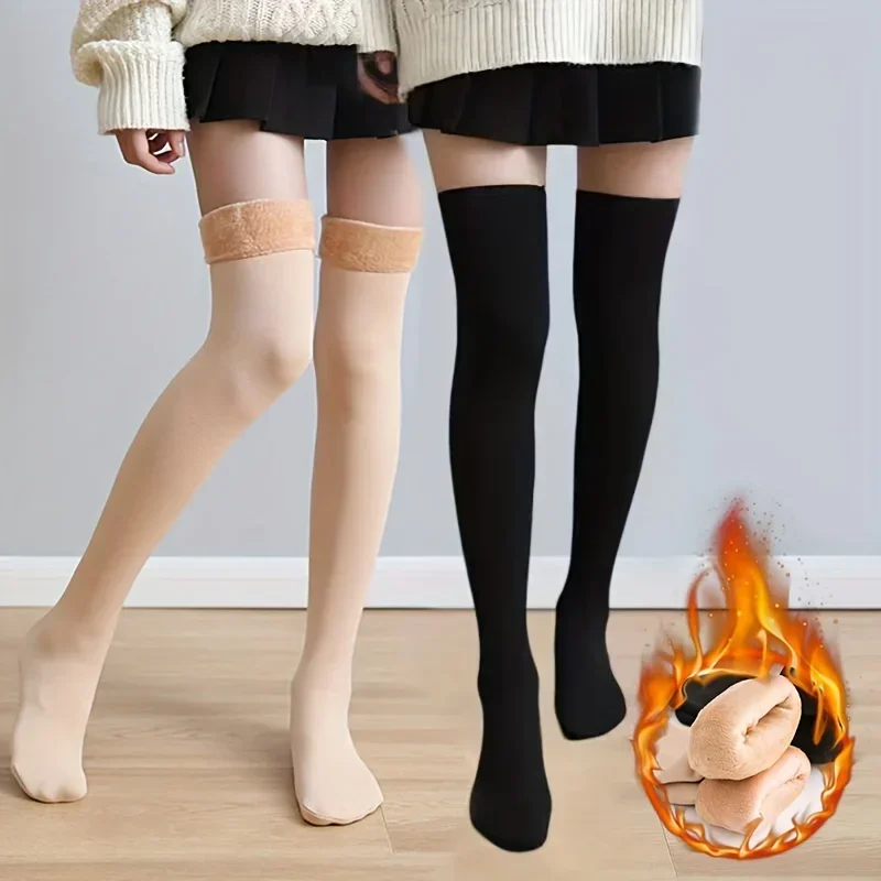 

2 Pairs Solid Thigh High Socks Plush Lined Over The Knee Socks Women's Stockings Hosiery Home Snow Boots Floor Sock Stockings