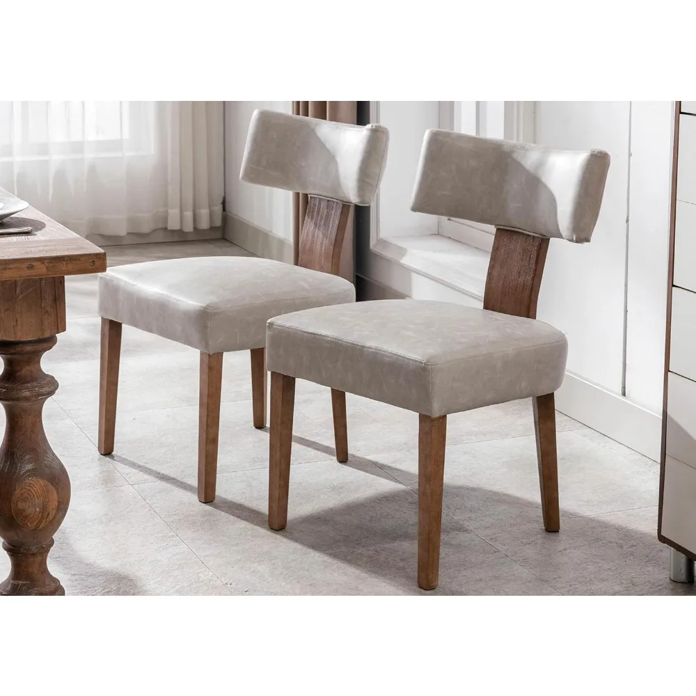 upholstered dining chairs with wood legs, pu mid-century modern faux leather padded dining chairs with curved open back for din