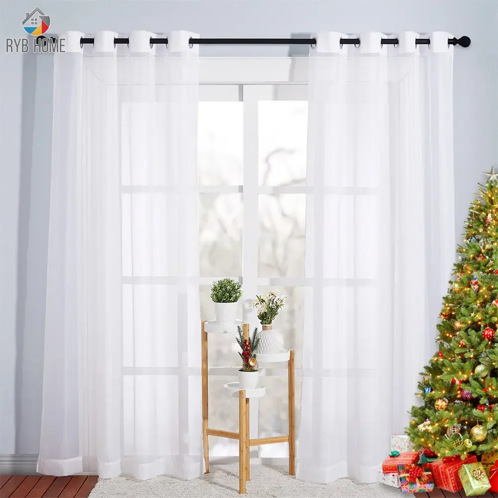 

RYB HOME 2Pcs Sheer Curtains for Living Room White Tulle Home Decoration Colorful Solid Voile Panels Windows Decor Bedroom