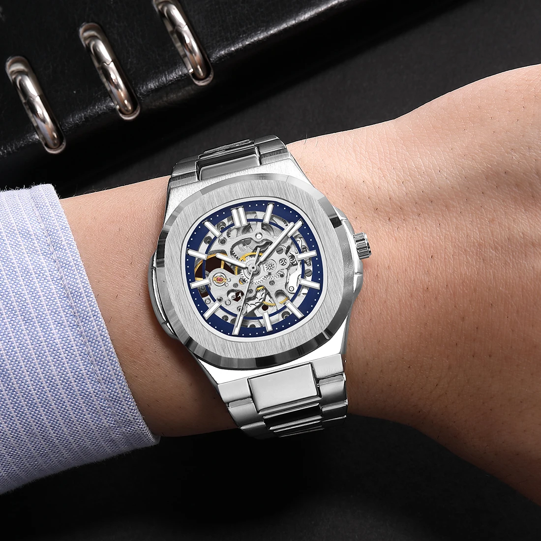 Skeleton Hollow Men Automatic Mechanical Watch Steampunk Dial Sliver Metal Band Self Winding Wrist Watches Male Mechanism Clock