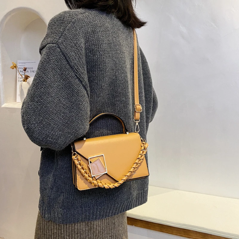 

Модные квадратные сумки на плечо для женщин, однотонные текстурные сумки через плечо из искусственной кожи, Роскошные зимние сумочки с цепочками, кошельки