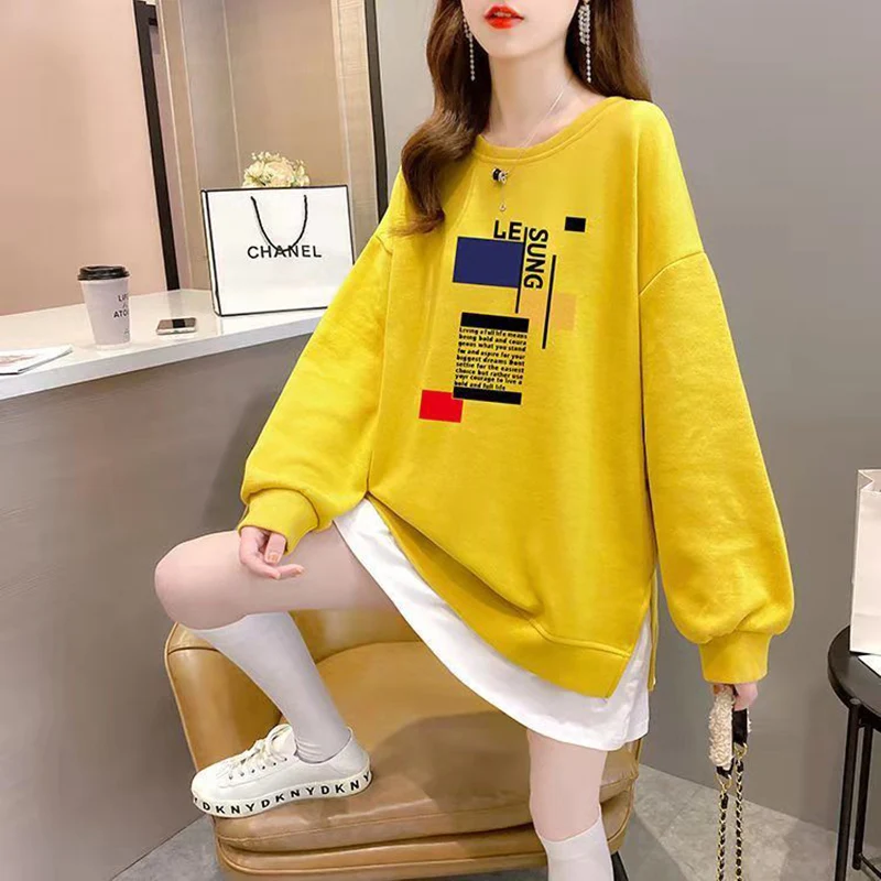 Fashion Printed Spliced Fake Two Pieces Sweatshirts Female Clothing 2023 Autumn Winter Loose Casual Tops All-match Sweatshirts