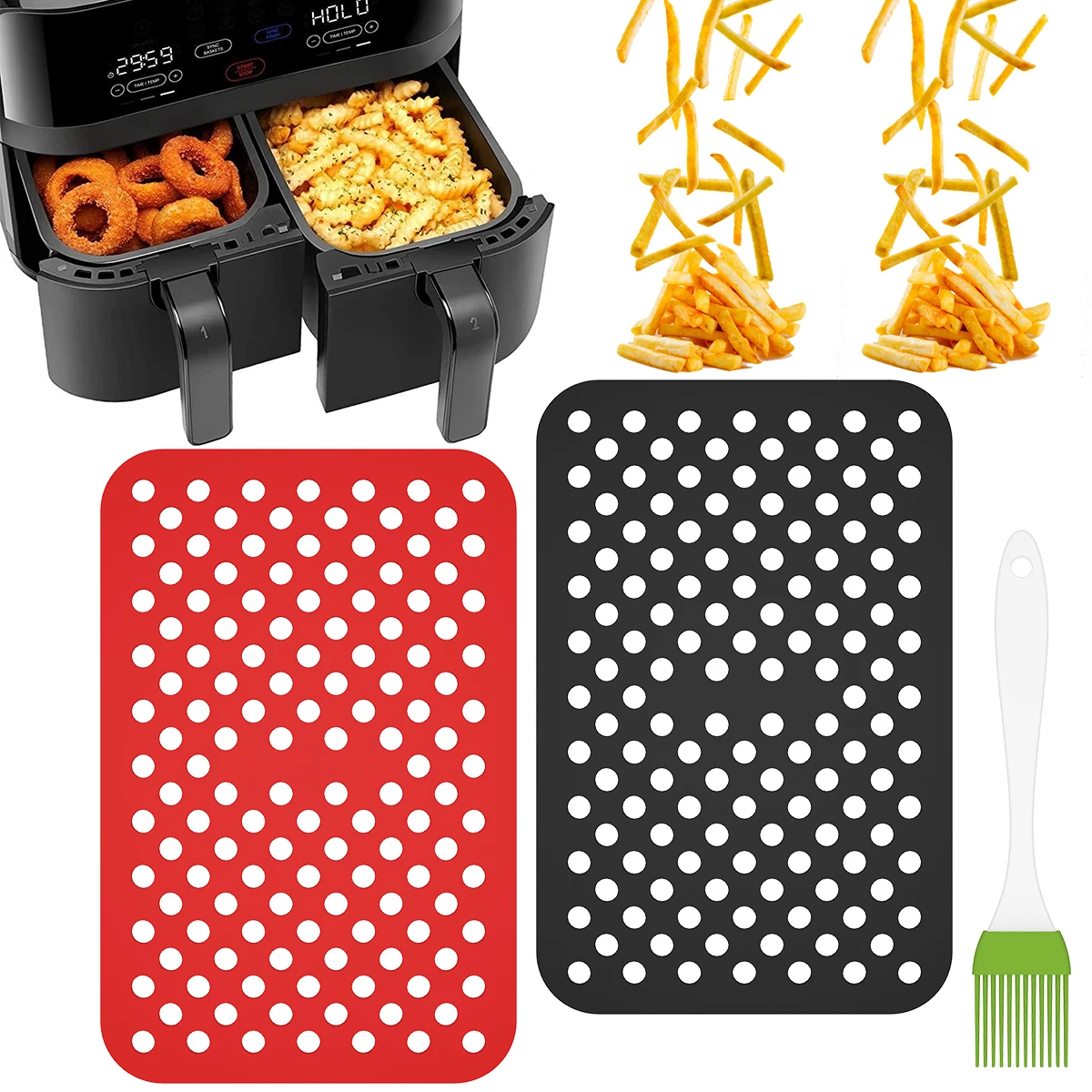 2Pcs Air Fryer Silicone Pad Set with Brush Rectangle Reusable Non-Stick Air Fryer Mat Heat-Resistant for Basket Baking Cooking silicone grill mat