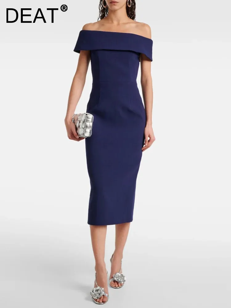 

DEAT Elegant Dress Slash Neck High Waist Back Split Slim Women's Customized Evening Party Dresses 2024 Summer New Fashion 35Z494