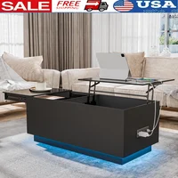 Lift Top Coffee Table with USB Ports LED Lights Storage Drawer Modern Design Rectangular Center Table Adjustable Height Indoor 1