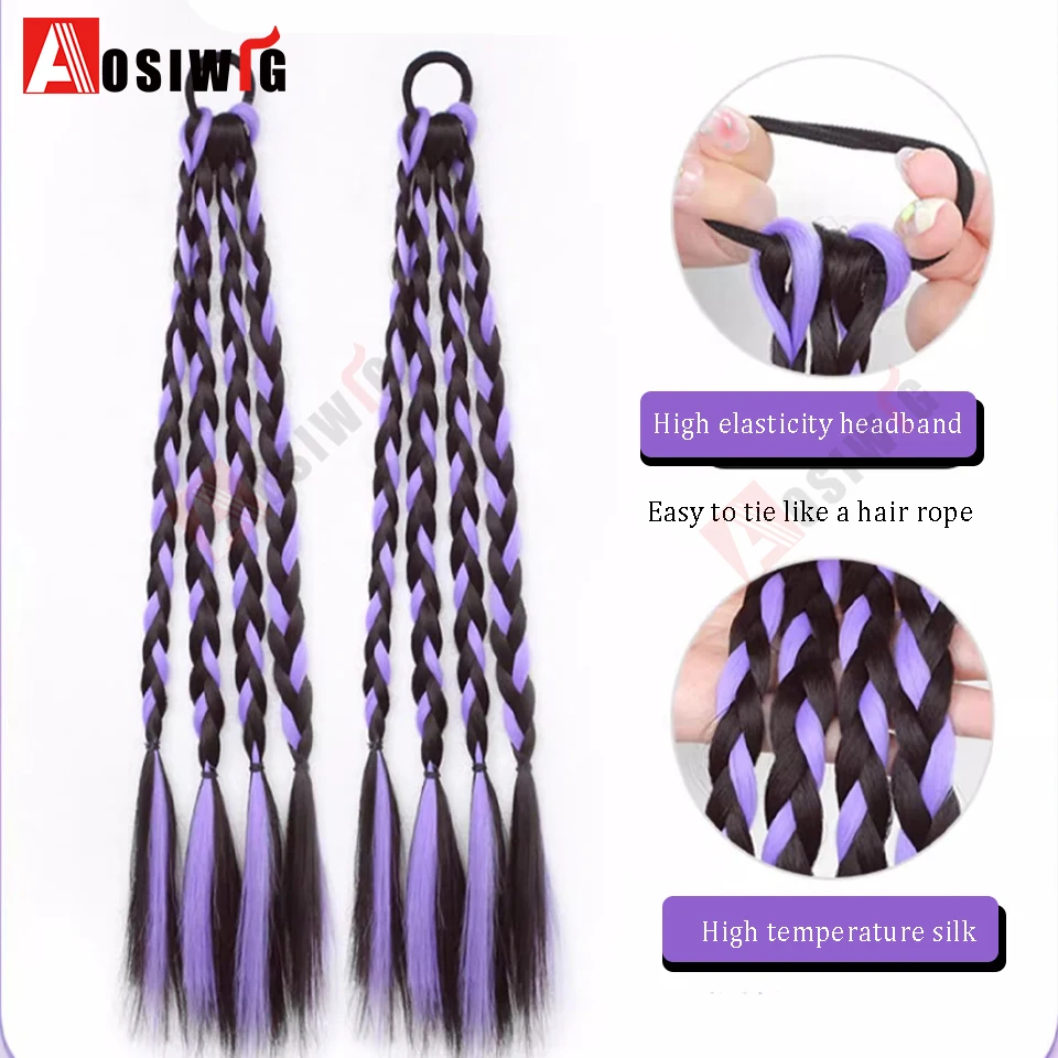 Y2K 합성 옴브레 컬러풀 도파민 컬러 복싱 브레이드 포니테일 연장 가발 4가지 브레이드 고무줄 헤어스타일 여성용 데일리