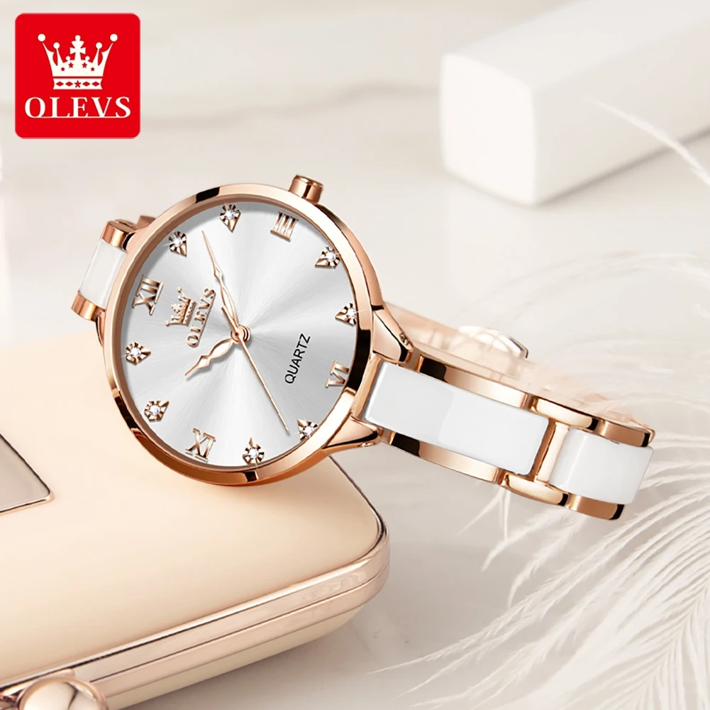 OLEVS Quartz Watch for Women Waterproof Ceramic Strap Diamond Inlay Fashion Elegant Ladies Wristwatches Gift Box Set Reloj Mujer