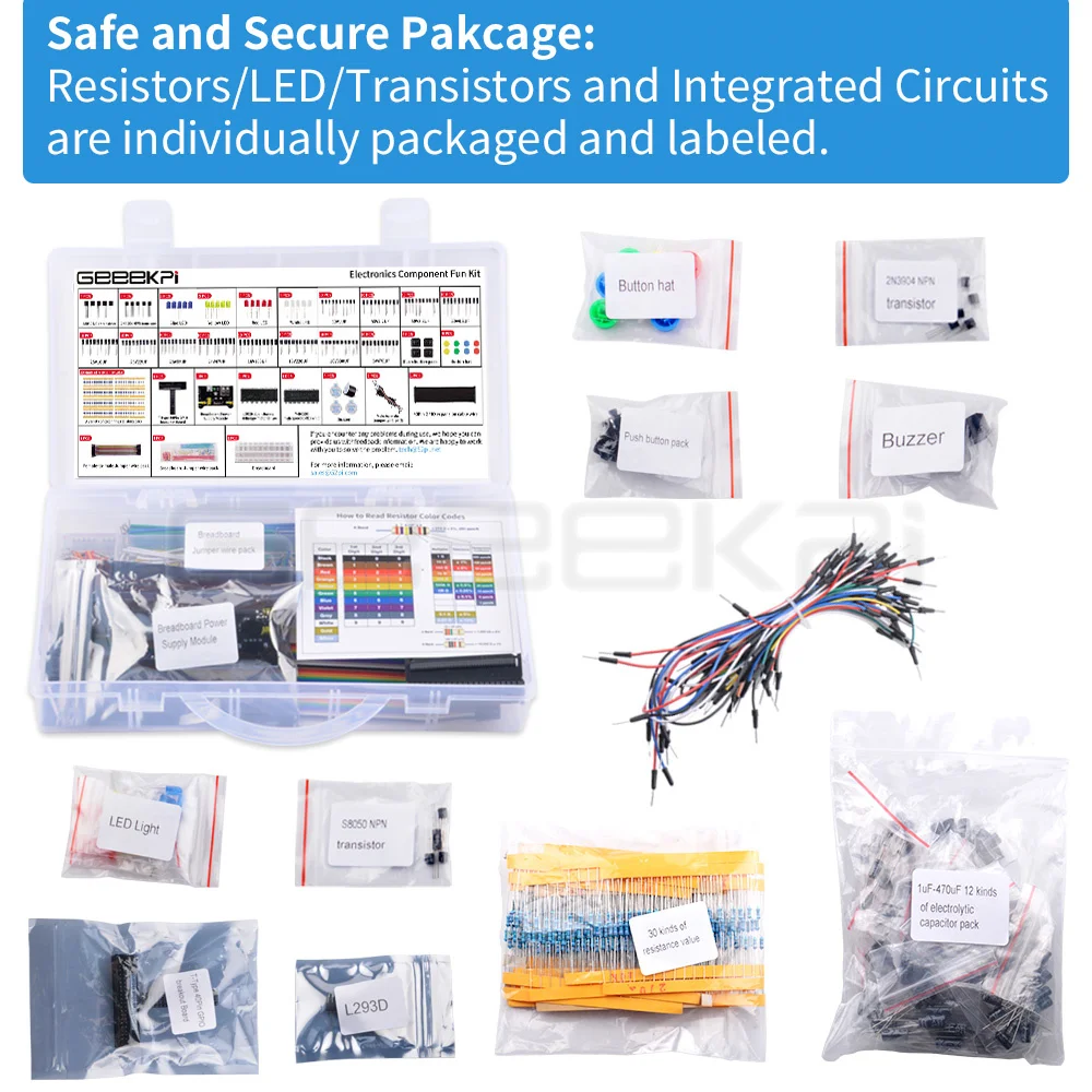 Geeekpi-kit de Componentes Eletrônicos com Resistores Capacitores Indutores Diodos Transistores Leds Transformadores Breadboard Osciladores - Imagem 6