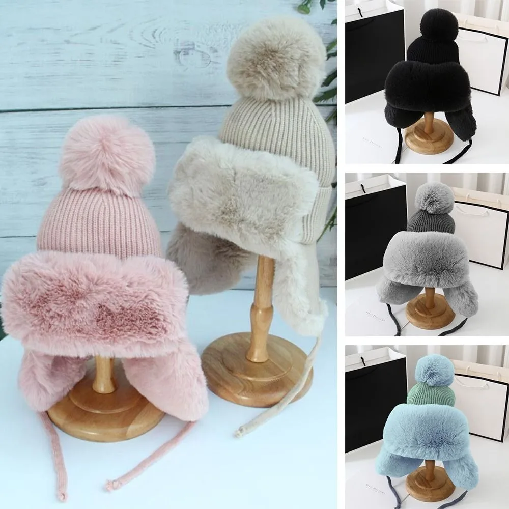 

Winter Warm Earflap Hat Fashion Plush Knitted Snow Ski Cap Faux Fur Thickening Ear Protection Hat Women Outdoor Winter Gift