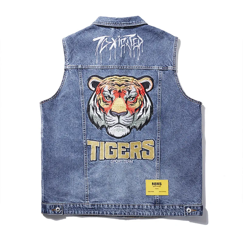 Embroidery Plus Size Denim Sleeveless Jacket Loose Men's Vest Fashion Casual Hip Hop Waistcoat