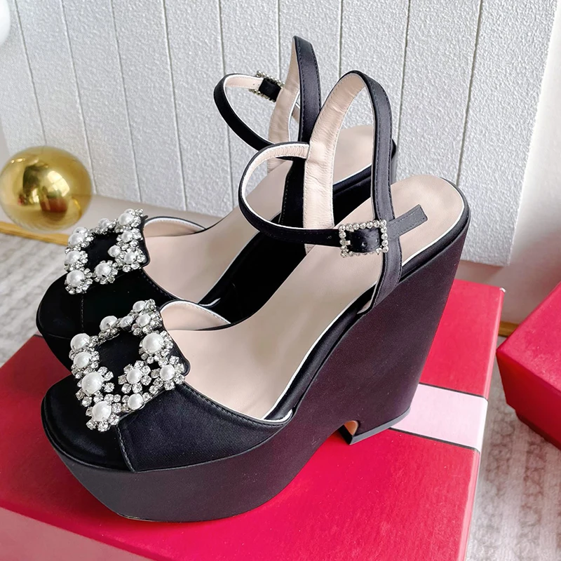 

Women's Wedges Sandals Summer New Pearl Decor Square Button Design High Heel Sandals Appear Thin Banquet Open Toe Ladies Pumps