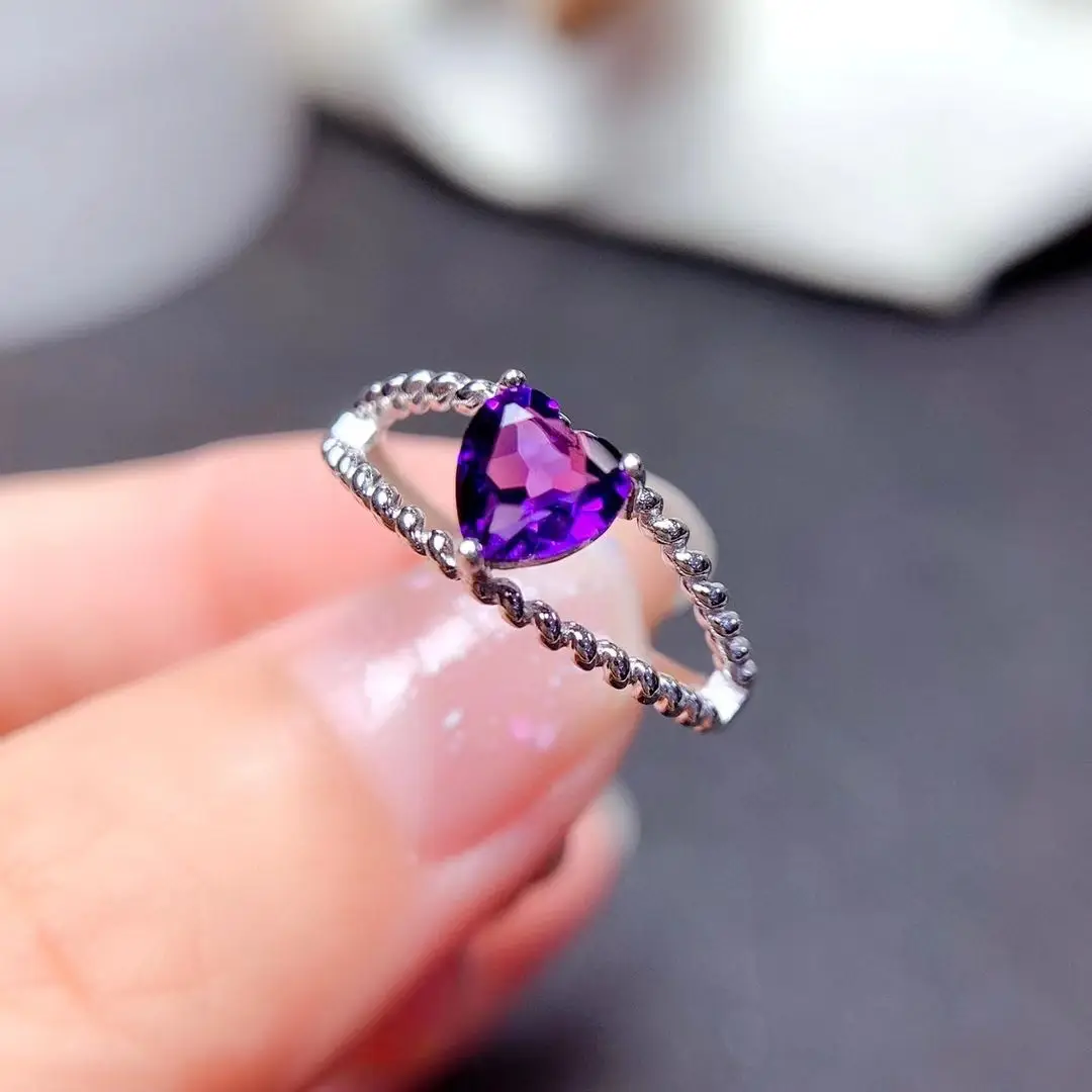 Amethyst Diamond Irregular Heart Shaped Ring 14K White Gold, Claw Pron