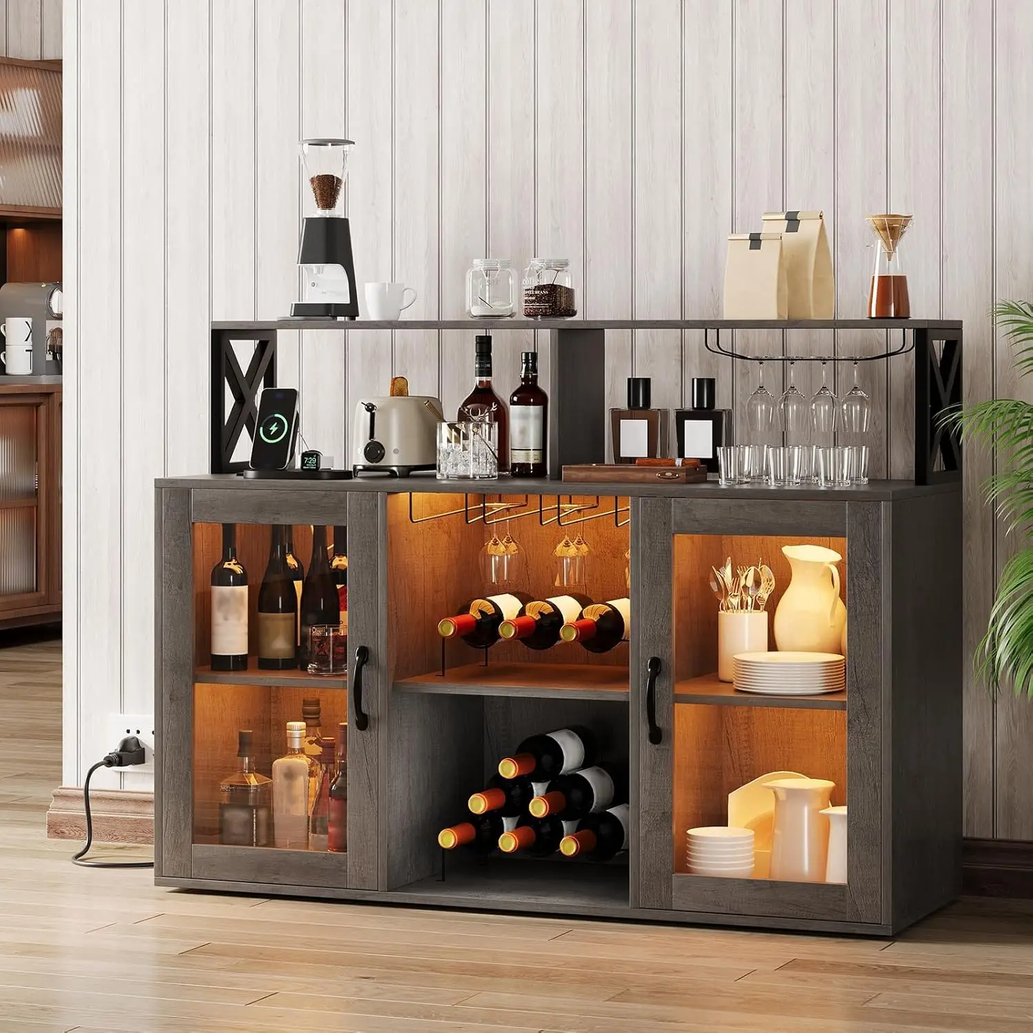 Bar Cabinet with Storage Shelves, Kitchen Sideboard Buffet Cabinet with LED Lights,Liquor Wine Rack & Goblet Holder