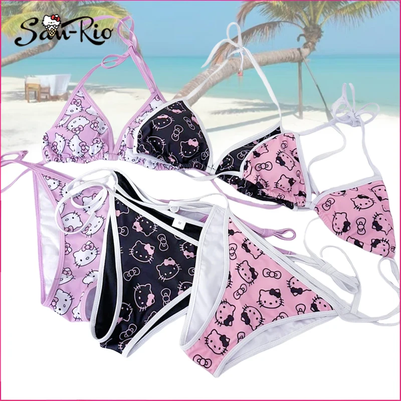 

2024 New Sanrio Sexy Swimwear Kawaii Hello Kitty Bikinis Set Summer Beach Female Biquini Women Bra Brief Sets Swimming Supplies