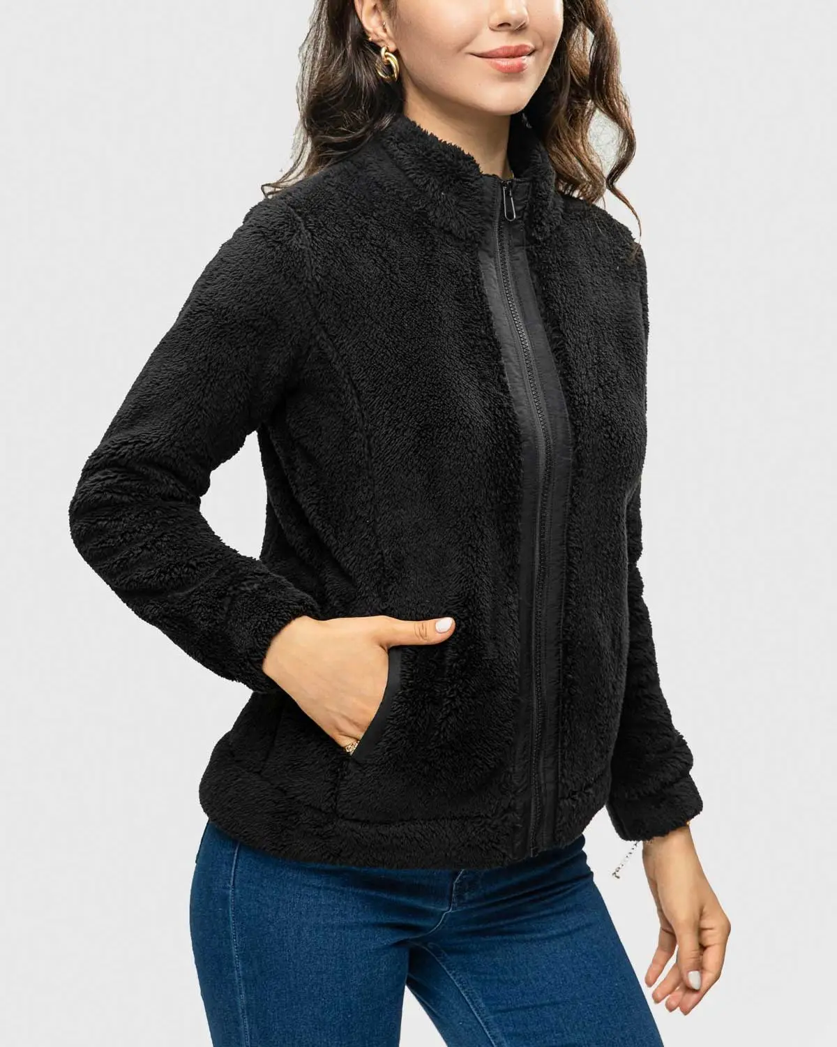 

FASHIONSPARK Women's Zipper Sherpa Fleece Plush Jacket Sweatshirt Pullover Fuzzy Coat Long Sleeve Soft Warm Coat with Pockets
