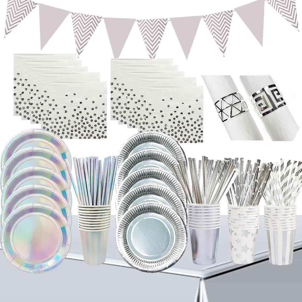 Laser Silver Disposable Tableware Set Silver Elegant Party Plates Cups