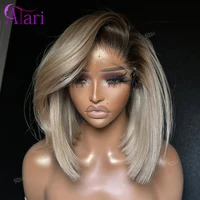 Perruque Bob courte Blonde cendrée avec racines brunes, cheveux naturels lisses, Transparent, 13x4, pre-plucked, pour femmes 3