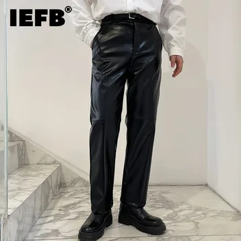 IEFB 가벼운 캐주얼 남성용 스트레이트 PU 가죽 바지, 2023 신상 스트레이트 롱 바지, 니치 시크 블랙 바지, 한국 9A1156