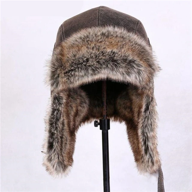 Men Winter Caps Lei Feng Hat Women's Pilot Aviator Bomber Trapper Hat Faux Fur Leather Snow Cap With Ear Flaps Windproof Warm 2