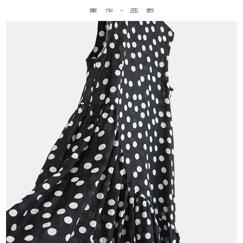 100% Linen Sleeveless Polka Dot Dress, Loose-Fitting and Slimming Long Dress 4