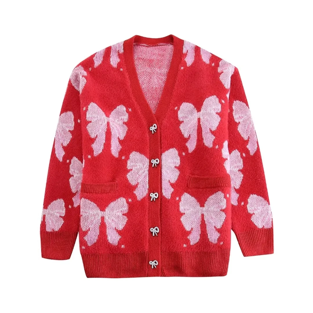 

TRAF Soft Jacquard Cardigan Women Chic 2024 Bow Printed Sweater Coats Autumn Warm Button Up Vintage Knitwears Korean Style Tops