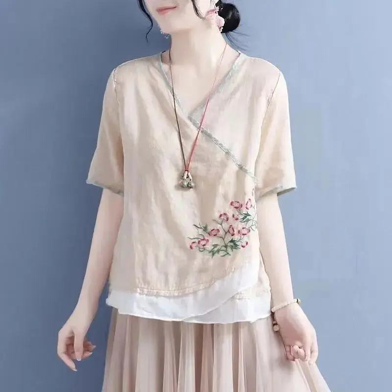 Summer New Literary Vintage Embroidery Short Sleeve Shirt Ladies Loose Casual Cotton Linen All-match Pullover Top Women Blouse