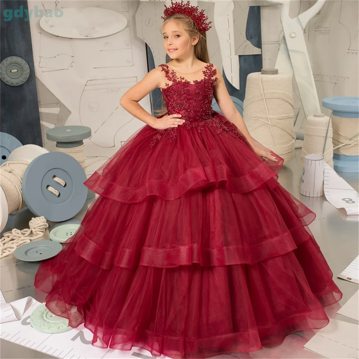 

Burgundy Flower Girl Dress Lotus Leaf Layer Wedding Party Ball Gown Bow Tulle Kids Birthday Floor Length Princess Dresses