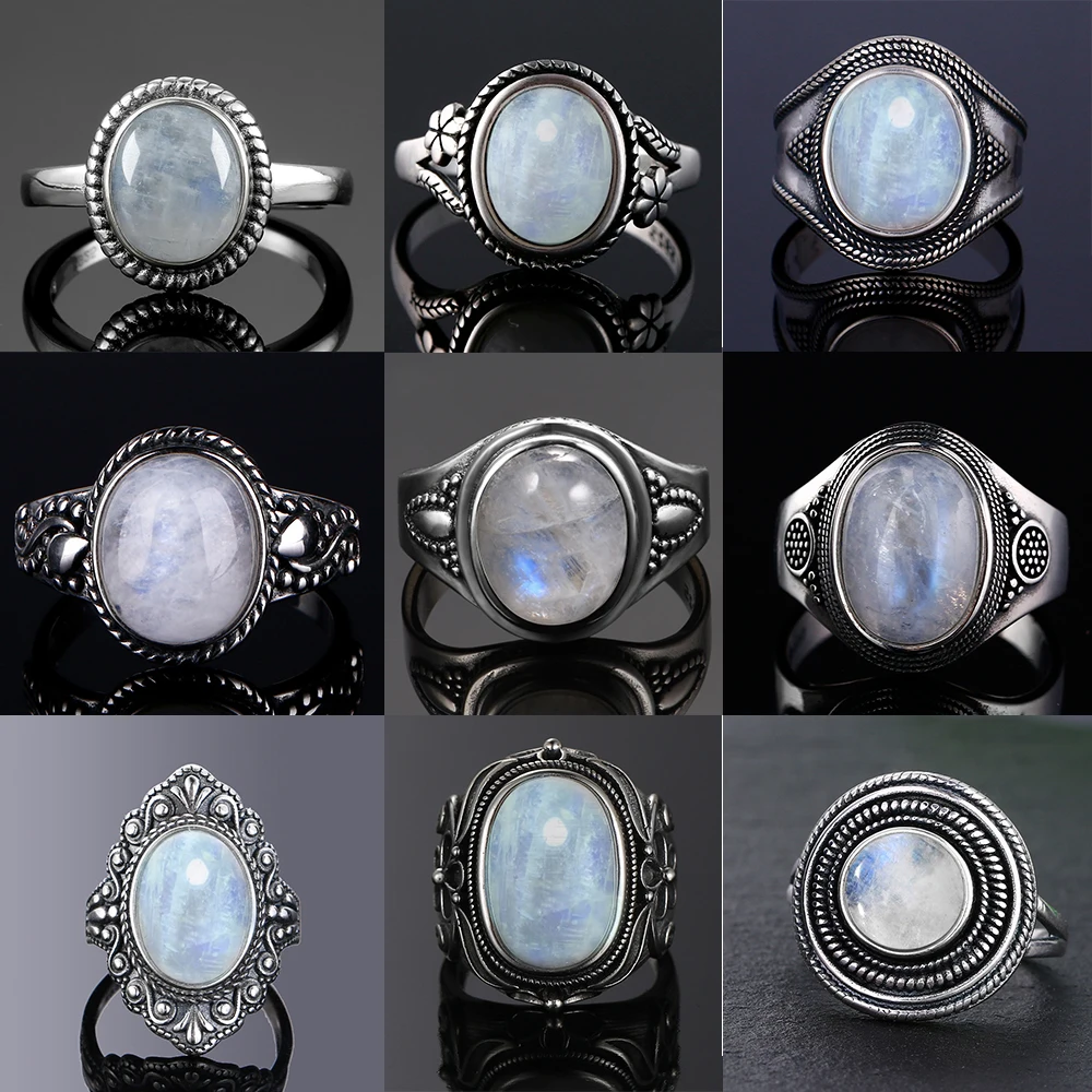 S925 Sterling Silver Rings Women Original Natural Moonstone Handmade Vintage Indian Jewelry