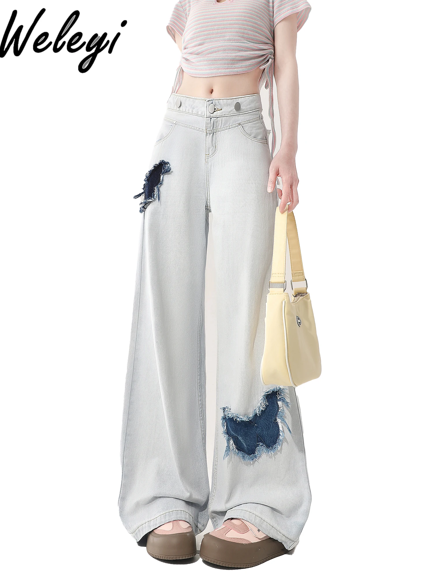 Sweet Versatile Jeans 2024 Women Spring and Autumn Cute New Light Butterfly Edge High Waist Wide Straight Leg Fashion Long Pants