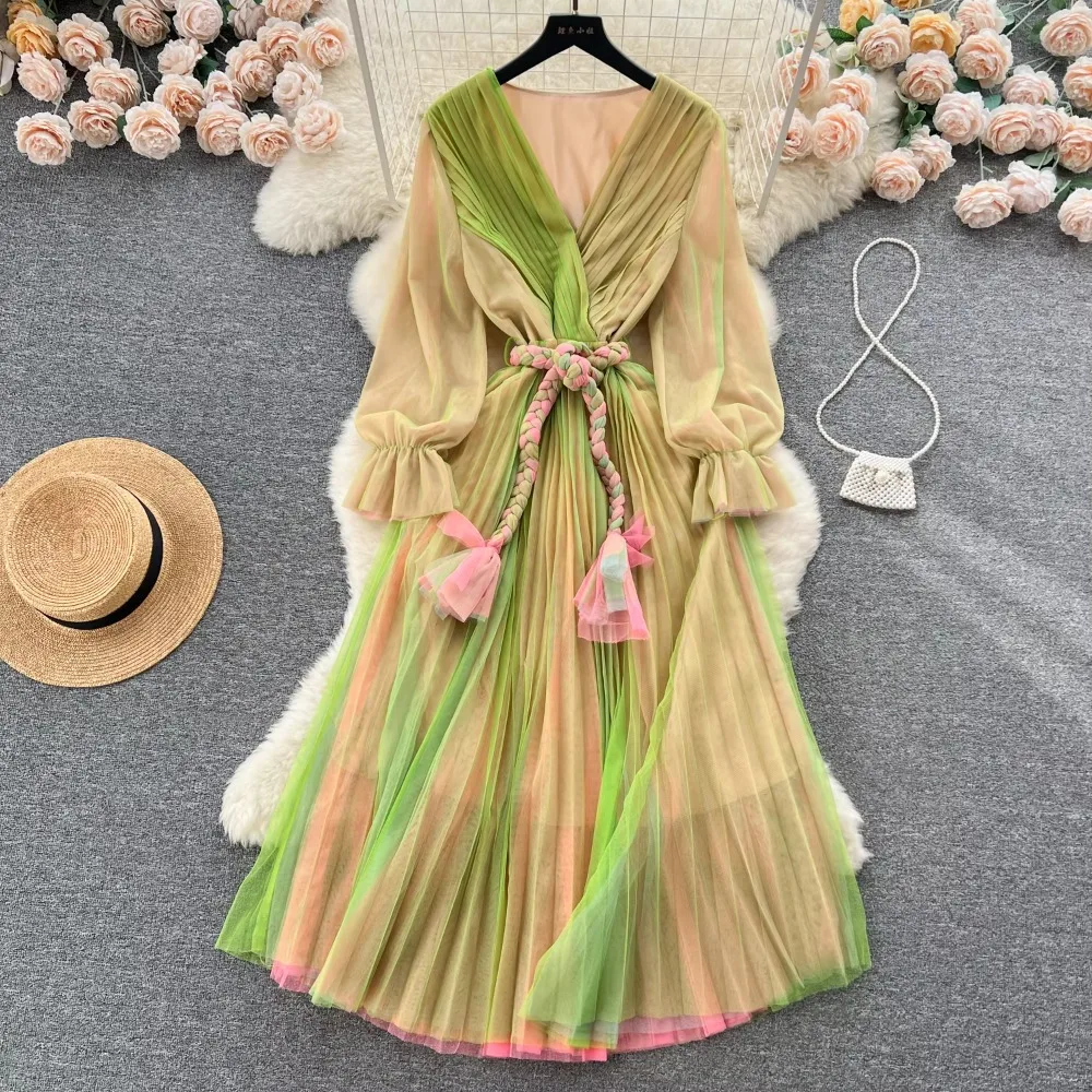 Retro Elegant Pleated Mesh V Neck Chiffon Dress A-line Long Sleeve French  High Street Casual High Waist Dress Women Summer Dress - AliExpress  200000345