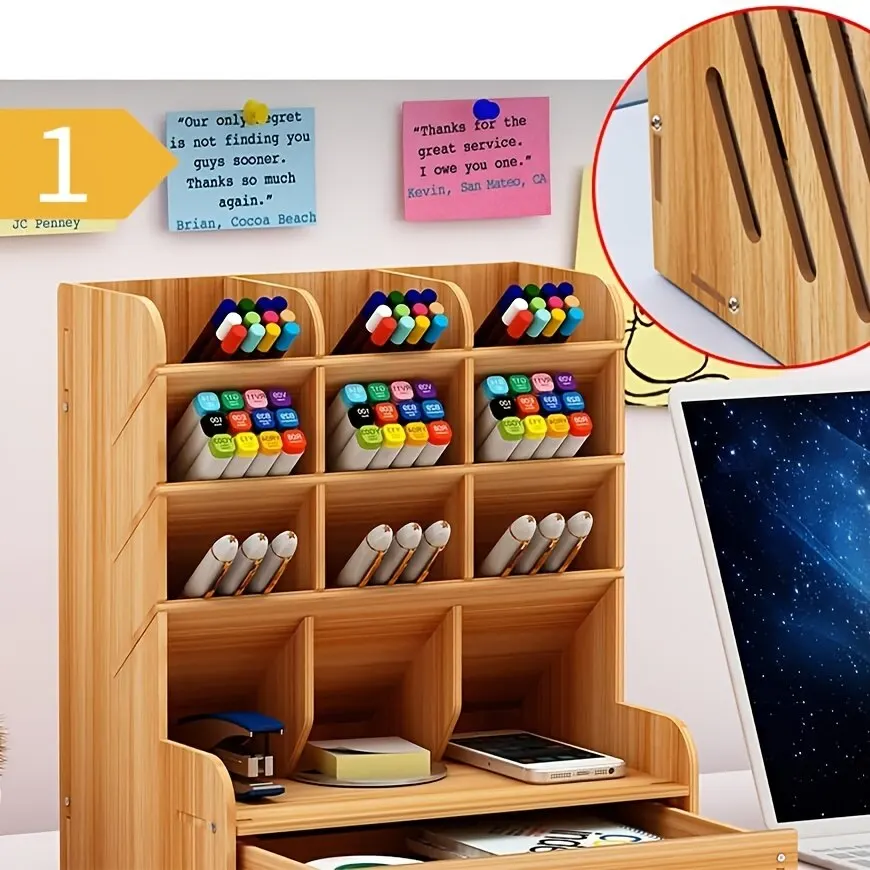Wooden Desk Organizer Pen Holder 6
