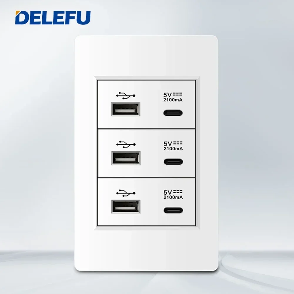 DELEFU 4*2 PC 난연 패널 6 충전 포트 트리플 USB 유형 C 벽 플러그 118*74mm 2.1A 5V 콘센트