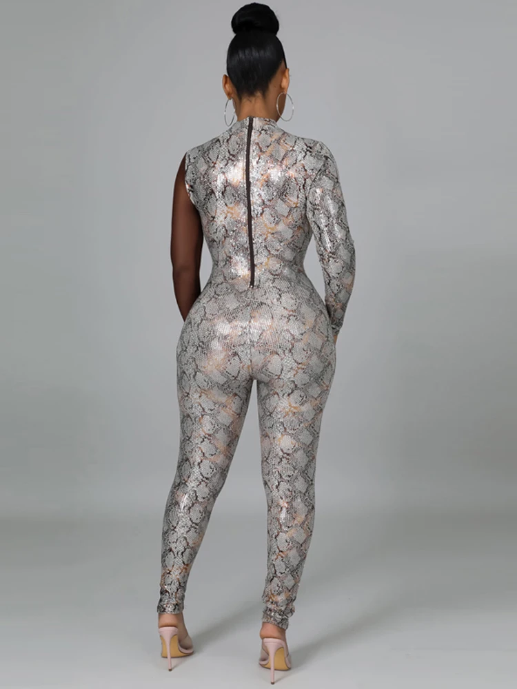 Sexy sequin women's jumpsuit with mesh panels high elasticity tight fitting long sleeves fashionable print perspective summerNew