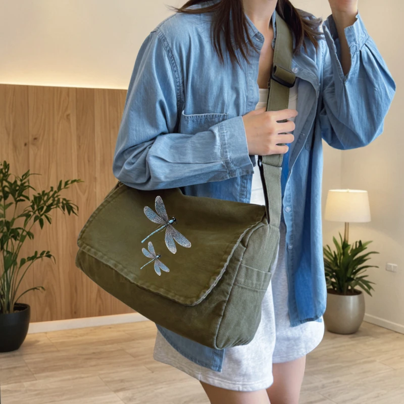 Vintage Women's Bag Large Capacity Shoulder Bag With Dragonfly Print Crossbody Bag For Women Messenger Bag Travel