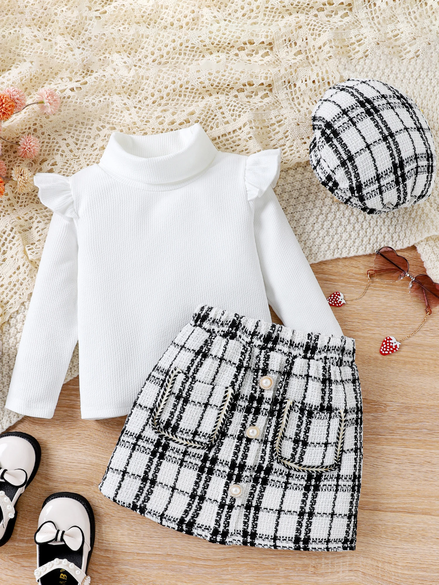 

Baby Girls Winter Clothes Set Long Sleeve Ruffle Knit Sweater Plaid Skirt Beret Hat 3Pcs Outfit Toddler Elegant Clothing