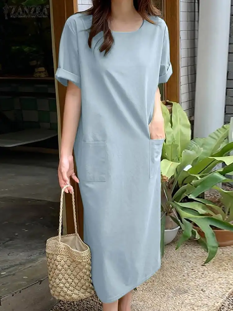 

ZANZEA Summer Fashion Mid-Calf Length Dress Woman Elegant Solid Robe Female Short Sleeve Sundress Ladies Casual Street Dresses