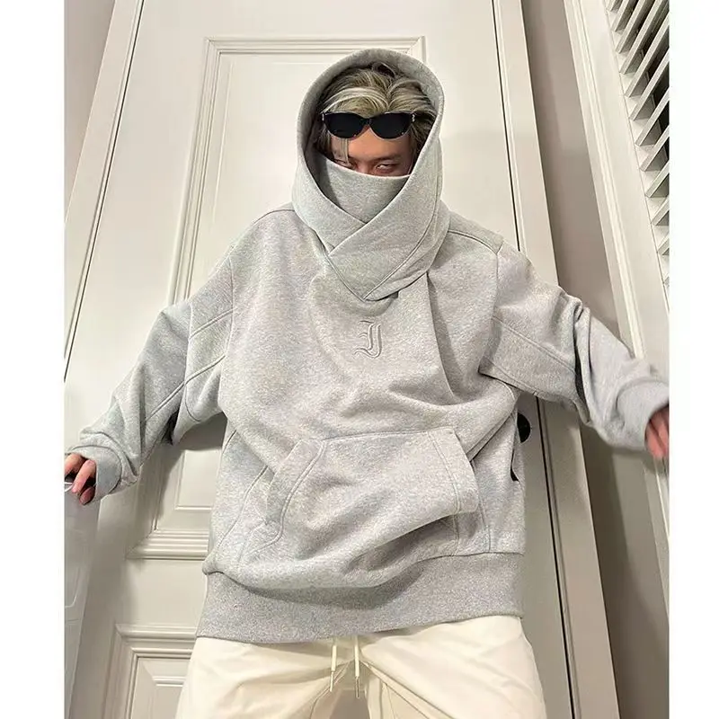 

Y2k National Trend Thickened Sweatshirt Couple Casual Functional Style High Collar Design Hooded Loose Top For Men Streetwear