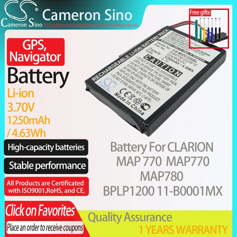 Batteria Cameronsino Per Clarion Map 770 Map770 Map780 Per Clarion Bplp1200 11-B0001Mx Gps, Batteria Navigatore 3.70V 1250Mah Nero