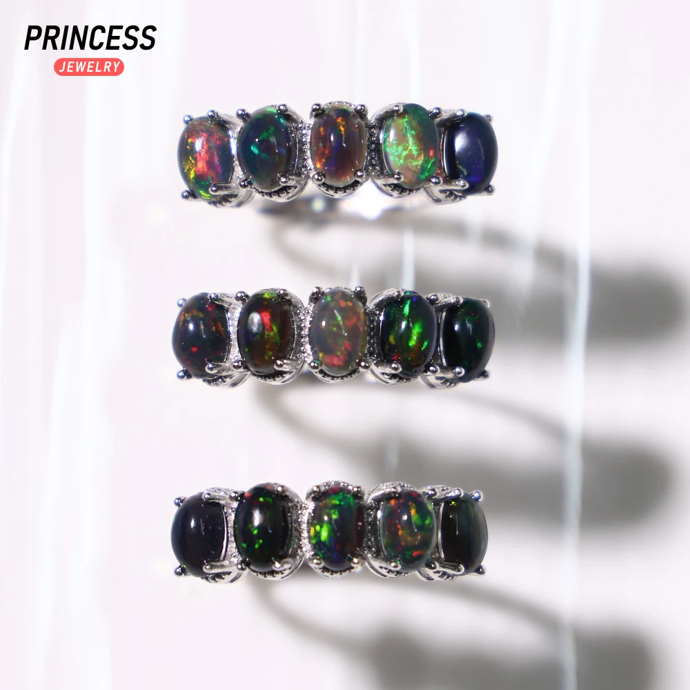 Luxury Australian Black Opal Beads 925 Silver Finger Ring, Sparkling Wedding Jewelry for Women Engagement Fine Gift - Image 6