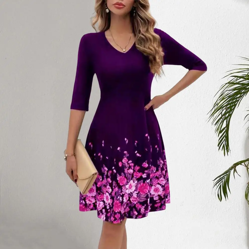 

Women Dating Dress Loose Fit Dress Elegant Floral Print V-neck Midi Dress for Women Slim Fit A-line Style with Long for Parties