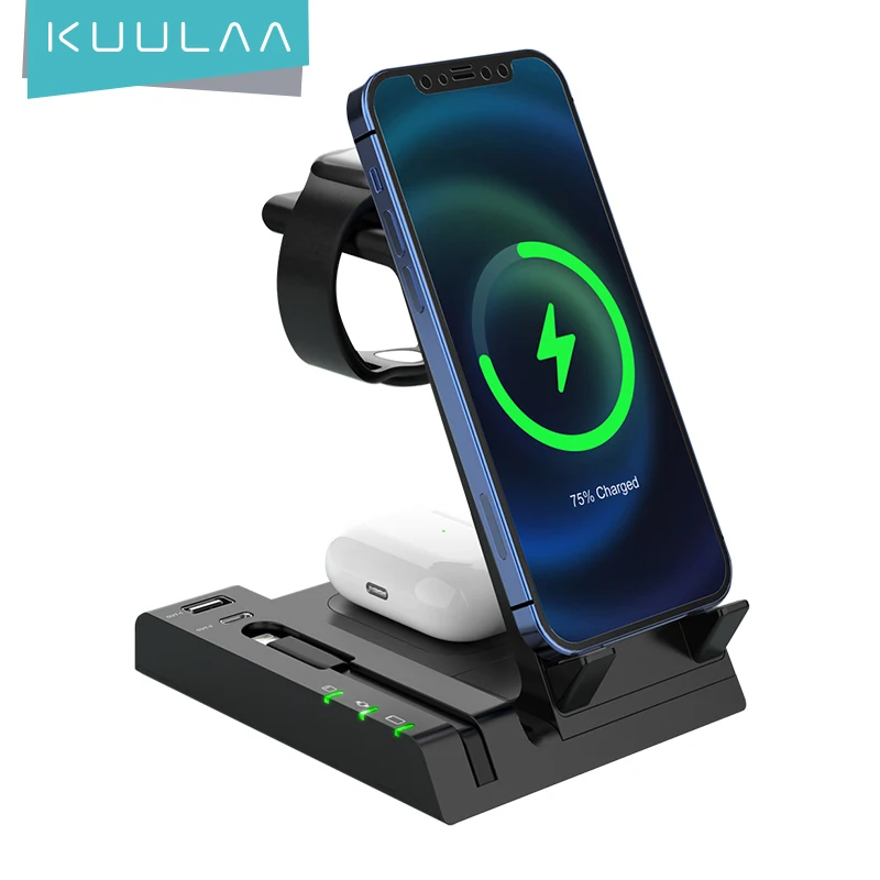 KUULAA 15W Qi Wireless Charger Stand For iPhone 13 For Apple Watch 6 in 1 Foldable Charging Dock Station For Airpods Pro iWatch