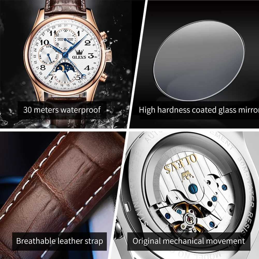 OLEVS Orologio Uomo Automatico – Cielo Stellato Fase Lunare, Quadrante Blu, Acciaio 316L, Luminoso
