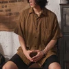 Men Casual Loose Hollow Out Short Sleeve Shirts with pockets Retro Fashion Vacation/Daily All-Match Tops Solid Color 4