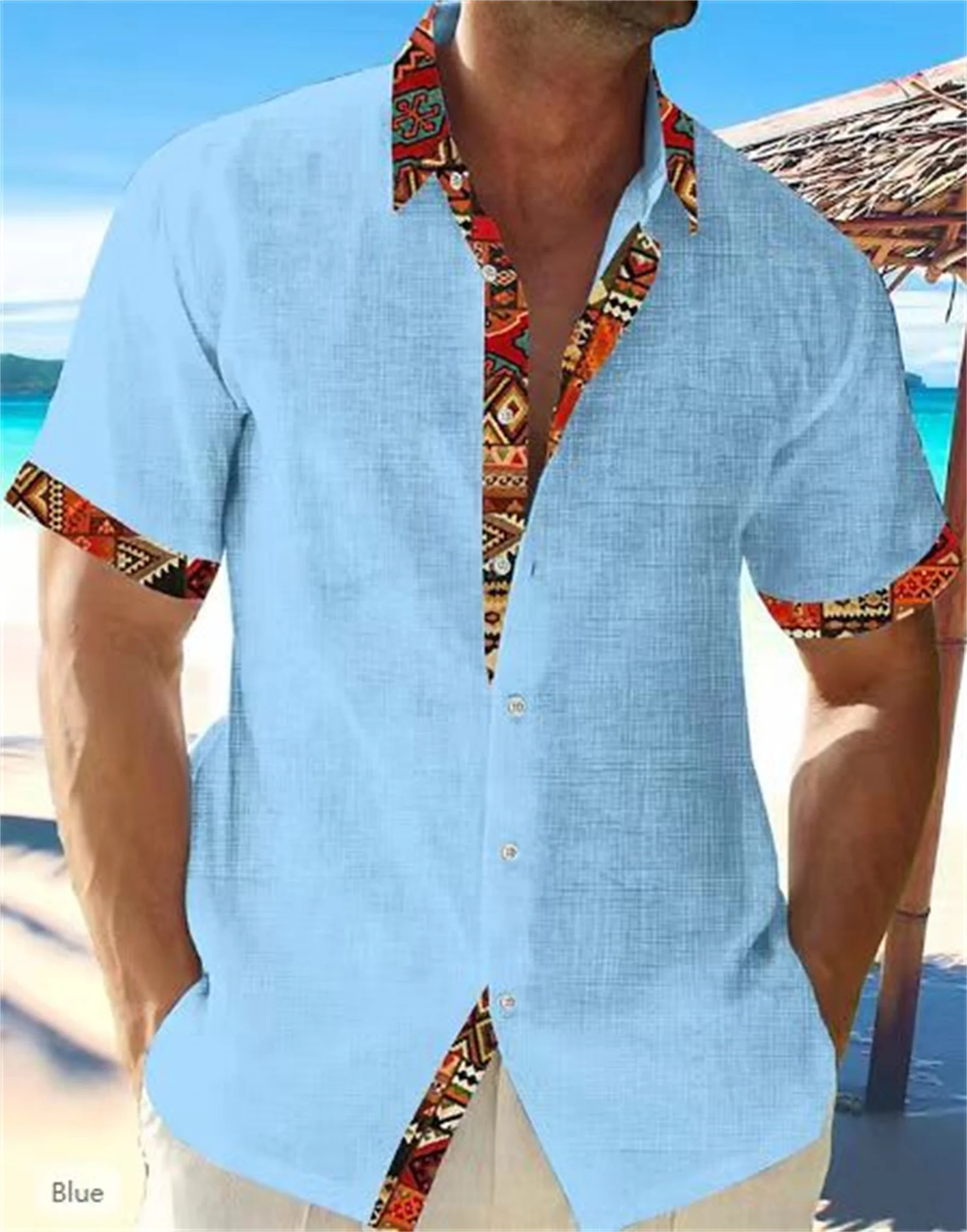 2023 Summer New Fashion Men's Hawaii Beach Pink White Blue Grey Linen Short Sleeve Shirt Men's High Quality Street Top Plus Size