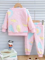 2pcs baby girl autumn and winter night light rainbow love cloud pattern plush thick long sleeved top and pants Chid Accessories 2