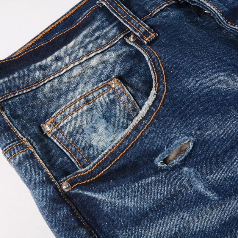 High Street Trendy Fashion New Men's Jeans Vintage Deep Blue Elastic Tight Split Jeans Men's Red Patch Designer Hip Hop Brand Pa