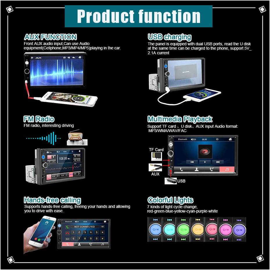 Radio de coche de 7 pulgadas, 1 Din, Carplay, Android, reproductor Multimedia para coche, pantalla táctil HD, FM, AUX, Bluetooth, MirrorLink, Autoradio Universal 4