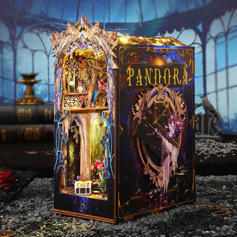DIY Wooden Pandora's Magic Box Book Nook Shelf Insert Kits Miniature Bookends Assembled Bookshelf Dollhouse for Friends Gifts 4
